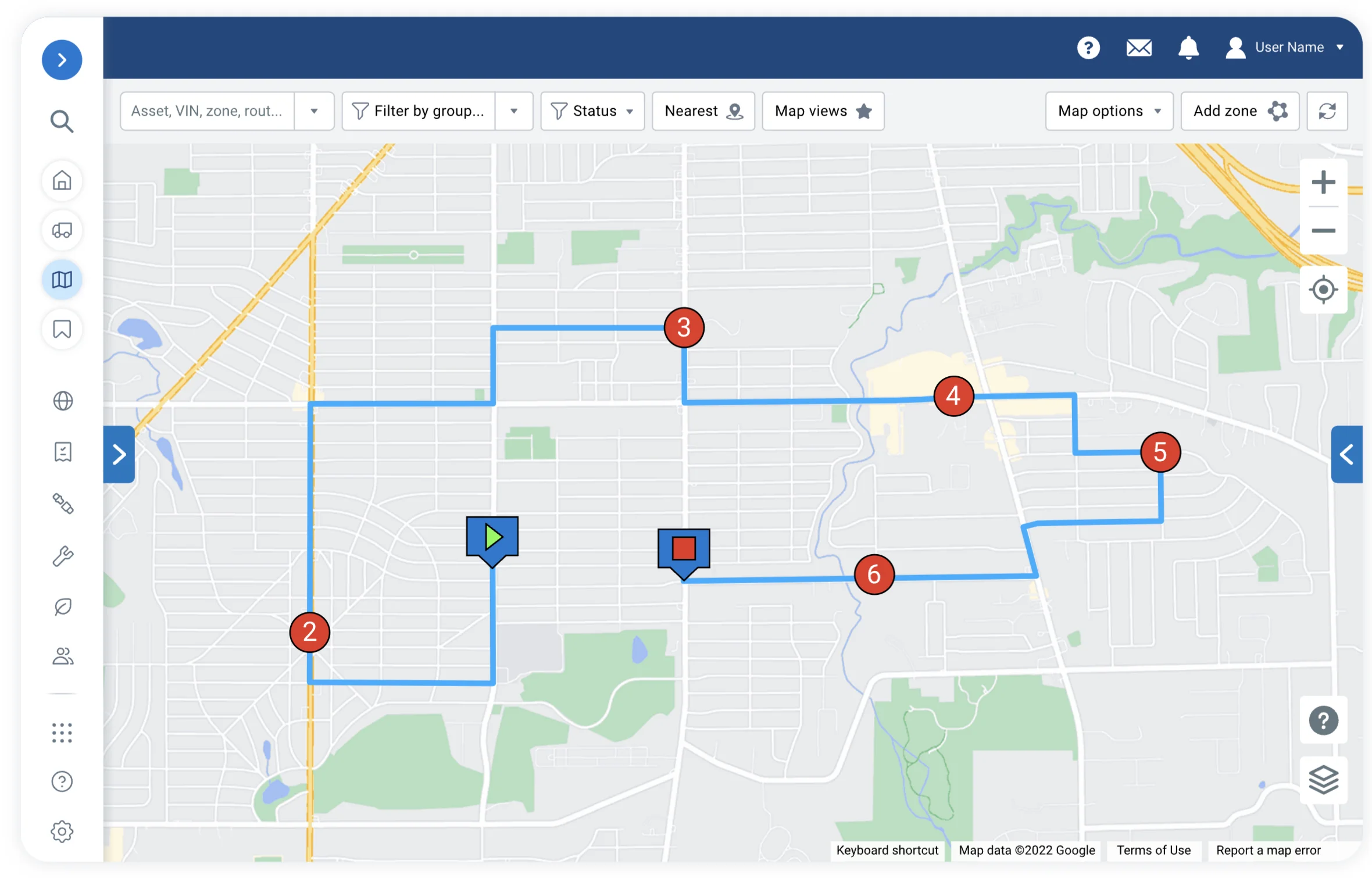 A route optimisation map shown on the MyGeotab fleet management dashboard highlights a vehicle's path with numbered red checkpoints along the route, visually represented by a blue line. The starting point is marked with a green play button, and the destination is signified by a red stop icon. This detailed map offers insights into real-time vehicle tracking, helping fleet managers optimise routes, improve efficiency, and reduce fuel consumption. The map integrates advanced telematics features like live vehicle positions, performance summaries, and driver behaviour analytics. As an authorised Geotab reseller, Geosecure provides businesses with cutting-edge telematics solutions, including GPS tracking, driver performance analysis, and route optimisation, enhancing fleet productivity and lowering operational costs across sectors like construction, transportation, government, and more. This visual emphasises how route optimisation can minimise unnecessary mileage and ensure timely deliveries while reducing the overall environmental impact of fleet operations. 
                    